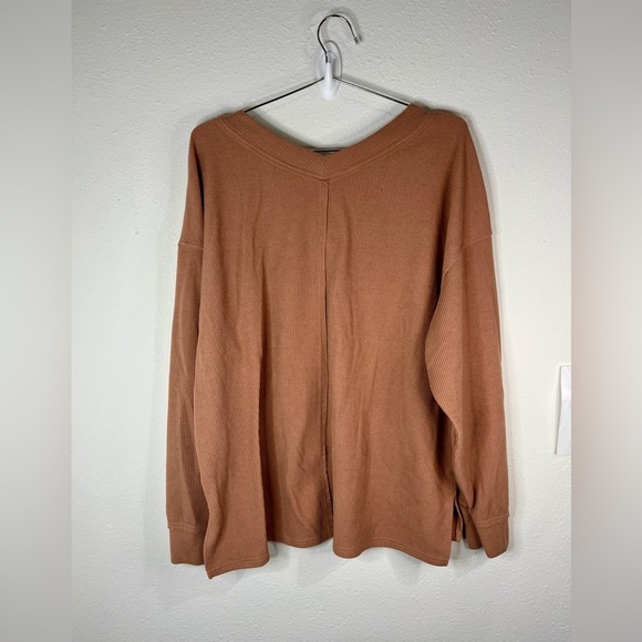 Anrabess Women’s Brown Ribbed V-Neck Sweater Size Large Oversized Casual Knit - Picture 5 of 6
